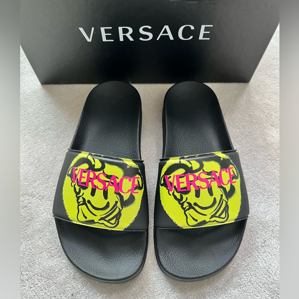 Versace Medusa Smiley Face Black Yellow Pool Slides Sandals